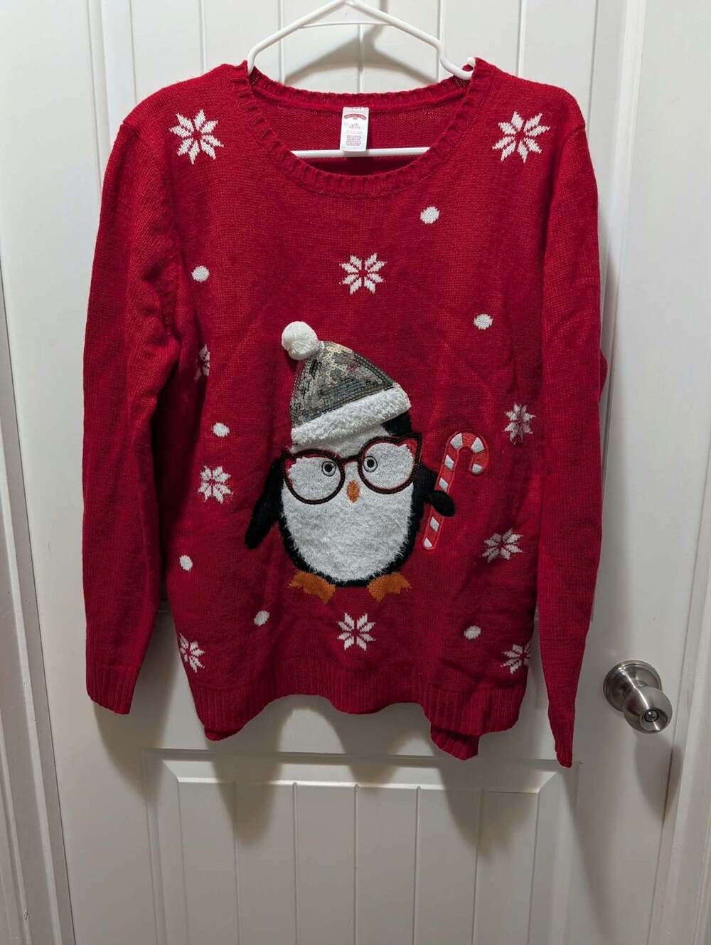 Holiday Time Penguin Ugly Christmas Sweater With Sequin Santa Hat Glasses Size L
